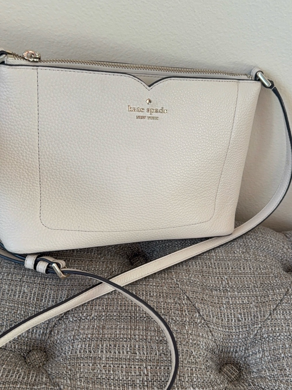kate spade Harlow Pebbled Cream Leather Crossbody with Gold Logo
